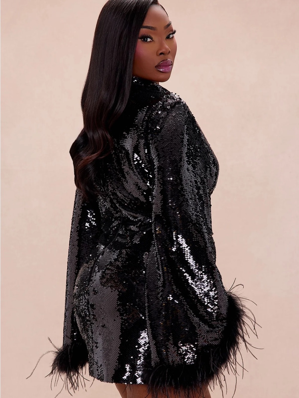 Black Sequin Feather Cuff Mini Dress - Picture 8 of 8
